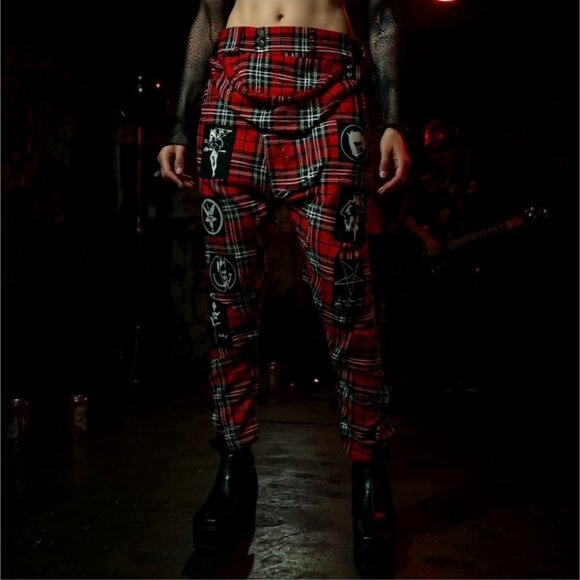 Long Clothing Red Tartan Clip Pants Punk Patch Buckle Straps Y2K Streetwear S - Picture 3 of 10